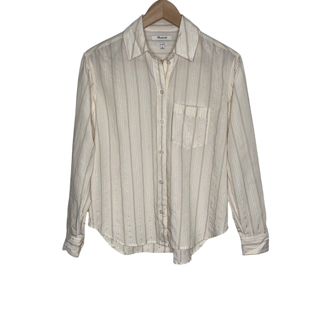 Madewell Relaxed Ivory Striped Button Up Blouse XS Drapey Lightweight Shirt - Picture 3 of 10